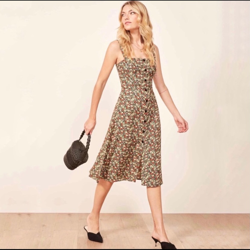 Reformation Floral Midi Dress in Olive Green and Cream